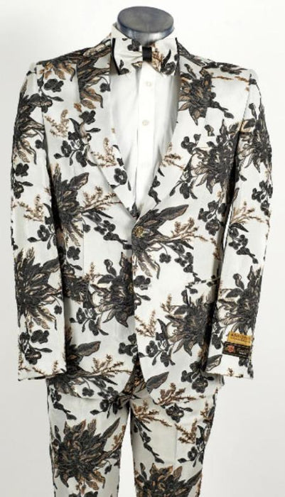 Mens White and Black 2 Button Floral Paisley Prom and Wedding Tuxedo