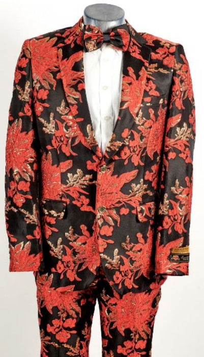 Mens Black and Red 2 Button Floral Paisley Prom and Wedding Tuxedo