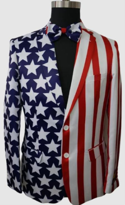 Mens Peak Lapel Stars and Stripes 2 Button American Flag Patriotic Blazer