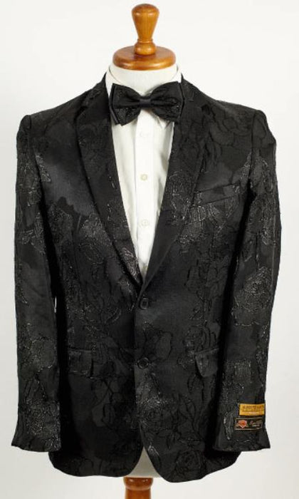 Mens Shiny Black on Black 2 Button Floral Paisley Prom and Wedding Blazer