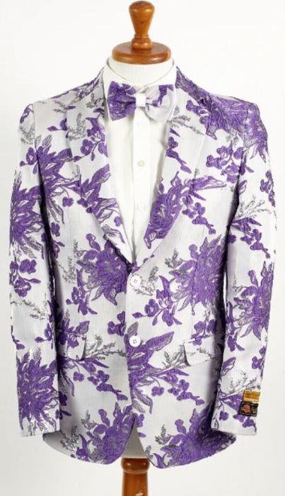 Mens White and Lavender Purple 2 Button Floral Paisley Prom and Wedding Blazer