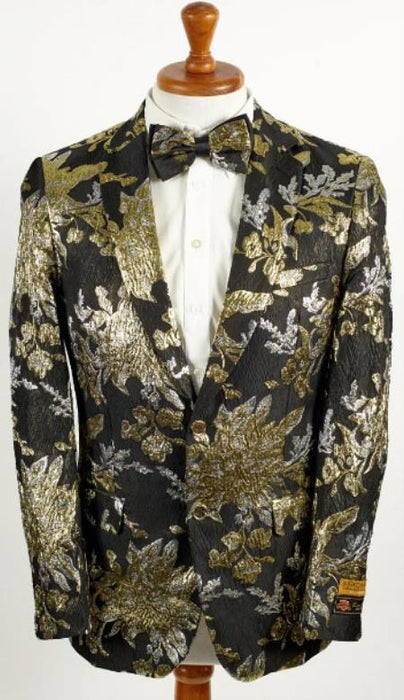 Mens Black ~ Silver and Gold 2 Button Foil Floral Paisley Prom and Wedding Blazer