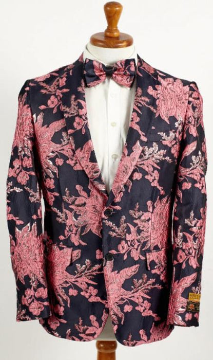 Mens Black and Hot Pink Fuchsia 2 Button Floral Paisley Prom and Wedding Blazer