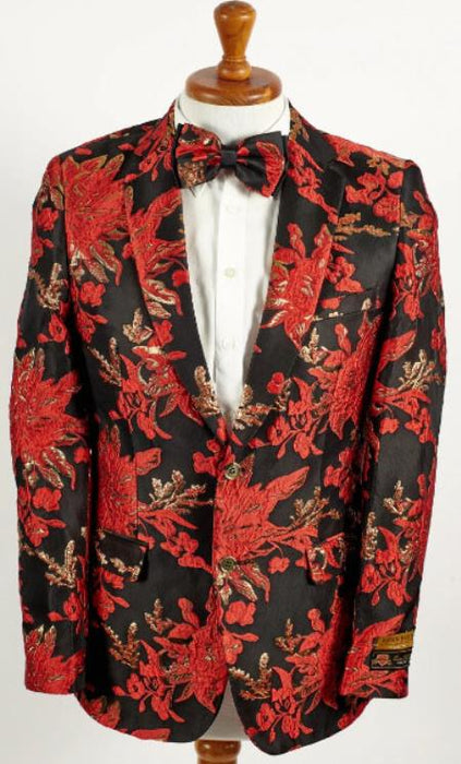 Mens Black ~ Red and Gold 2 Button Foil Floral Paisley Prom and Wedding Blazer