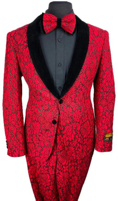 Mens Lace Prom Tuxedo Package in Red & Black w/ Matching Pants and Bowtie