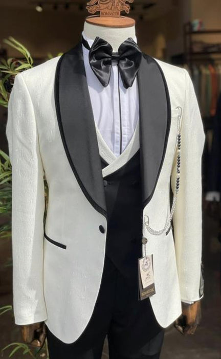 Mens Ivory With Black Lapel Tuxedo With Vest and Pants