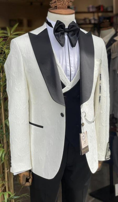 Mens Ivory With Black Lapel Tuxedo With Vest and Pants