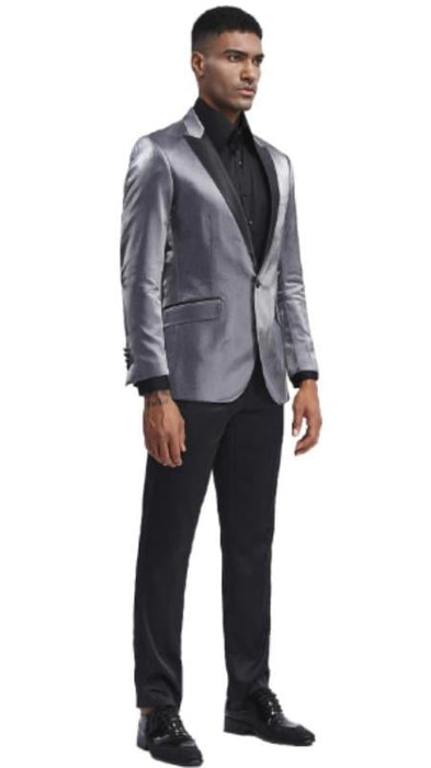 Shiny Tuxedo - Shiny Suit With Black Pants And Matching Bowtie Metallic Silver