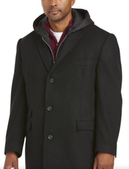 Overcoat with Hoodie - Mens Hooded Overcoat - Black Topcoat