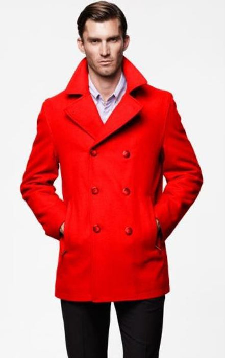 Mens Double Breasted Full Length Wool Coat Red Overcoat