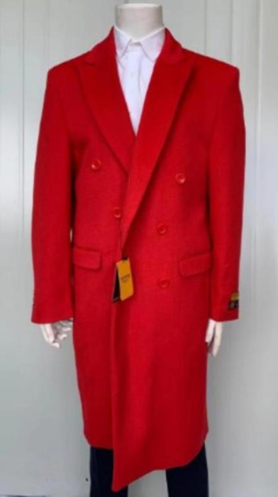 Mens Double Breasted Full Length Wool Coat Red Overcoat