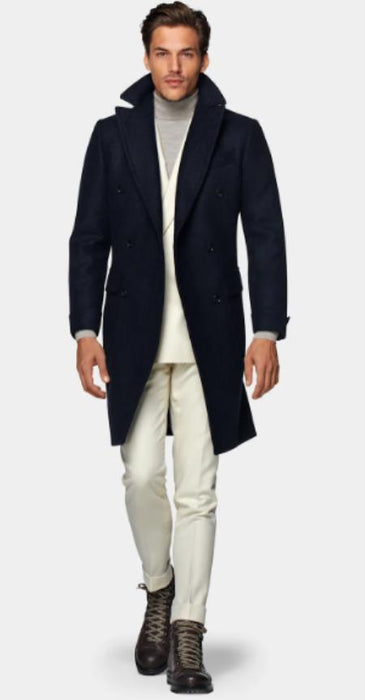 Double Breasted and Cashmere Overcoat - Navy 3/4 Length Car Coat