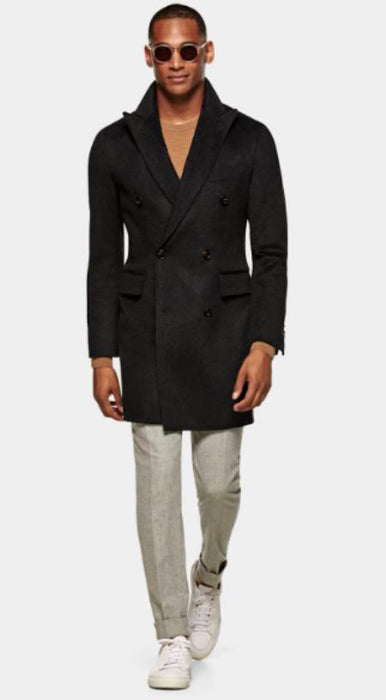 Double Breasted Overcoat - Black 3/4 Length Car Coat