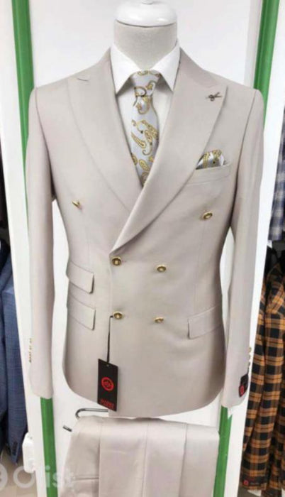 Slim Fitted Cut Double Breasted Suit With Gold Buttons Flat Front Pants