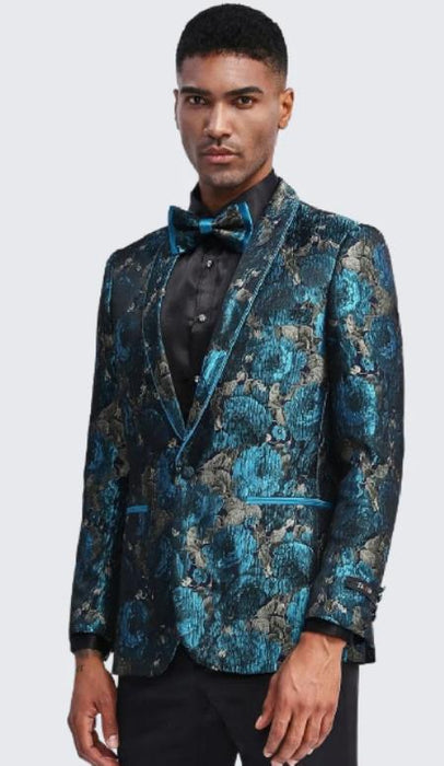 Mens Turquoise And Grey Tuxedo Jacket Floral Pattern Slim Fit - Blazer