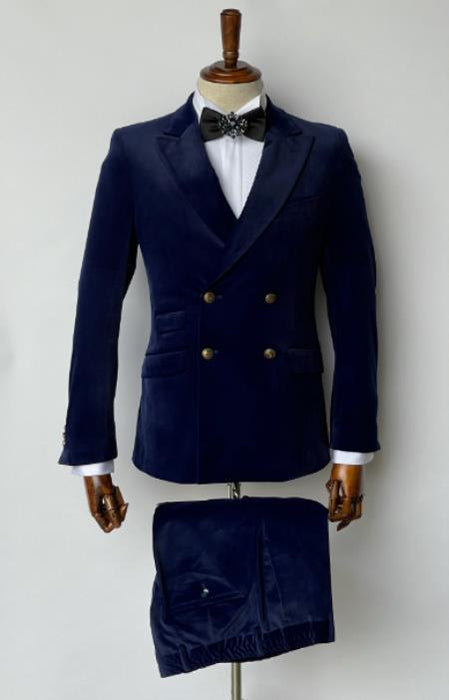 Mens Velvet Suit - Slim Fit Double Breasted Suit - Blazer and Pants R-Blue