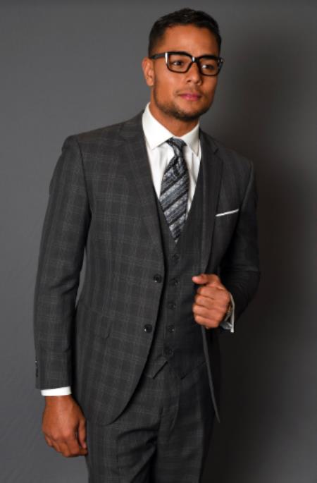 Plaid Suit - 3 Piece Vested Suits - 2 Buttons Windowpane Suit Charcoal Grey Window Pane