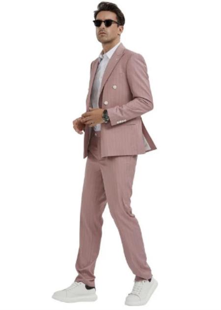 Pink Double Breasted Suit - Coral Blush Color - Pinstripe Suit