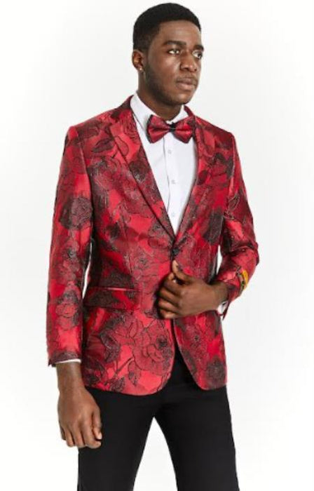 Mens Burgundy Blazer - Maroon Paisley Sport Coat - Floral Flower Jacket With Matching Bow Tie