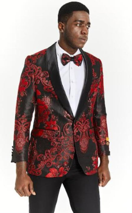 Mens Red Blazer - Paisley Sport Coat - Floral Flower Jacket With Matching Bow Tie