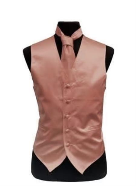 Mens Rose Gold Satin Vest and Necktie Set