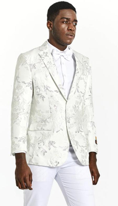 Mens One Button White and Silver Tuxedo Blazer