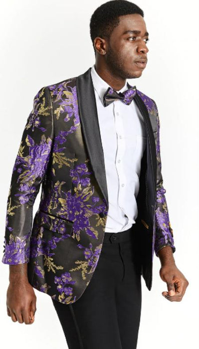 Mens One Button Gold and Purple Tuxedo Smoking Jacket Blazer