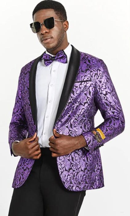 Mens One Button Black and Purple Tuxedo Smoking Jacket Blazer