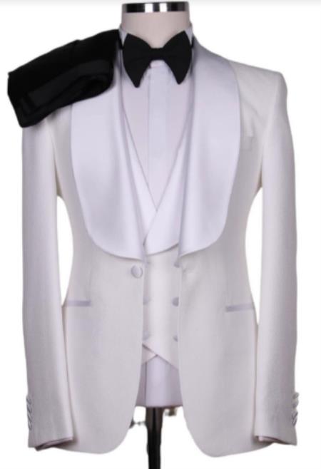 Big Lapel Shawl Collar White Tuxedo Suit With Double Breasted Vest Black Pants