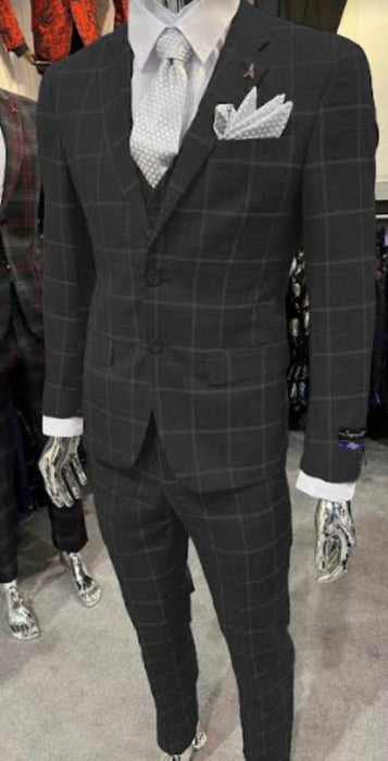 Mens Big Plaid Suits - Windowpane Suit - Black