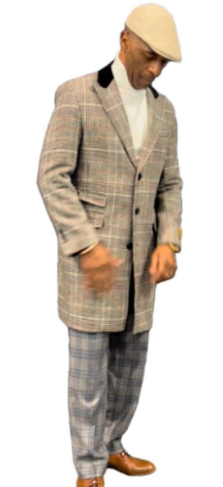 Mens Plaid Overcoat in Beige