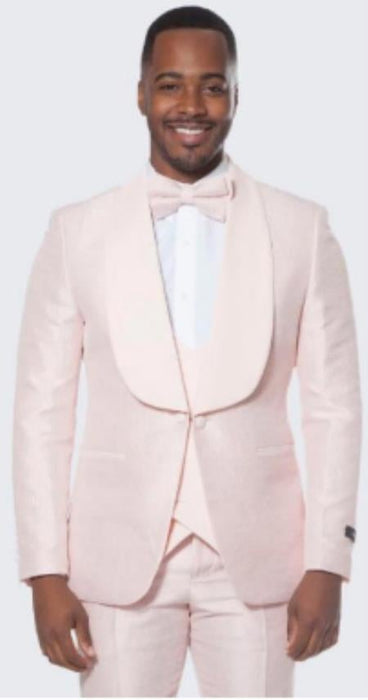 Mens Pink Tuxedo With Floral Textured Pattern Large Shawl Lapel