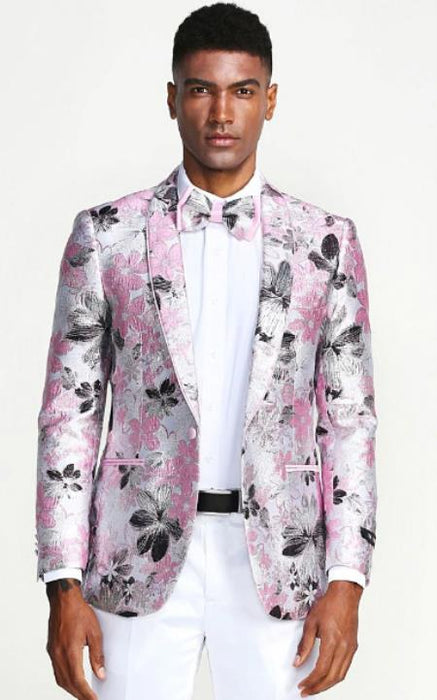 Mens Pink Black and Silver Floral Tuxedo Jacket Slim Fit