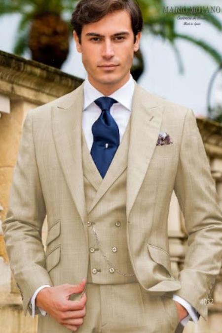 Mens One Button Peak Lapel Suit Ivory