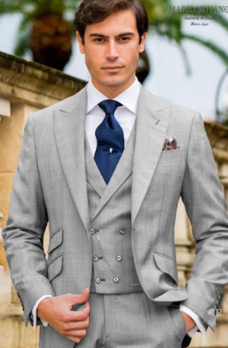 Mens One Button Peak Lapel Suit Silver