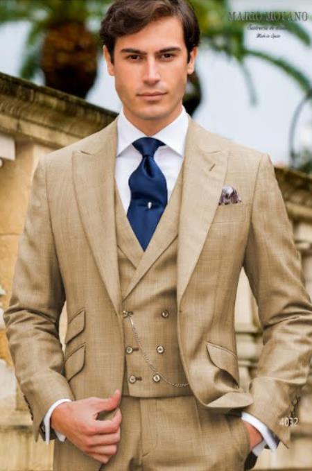 Mens One Button Peak Lapel Suit Tan