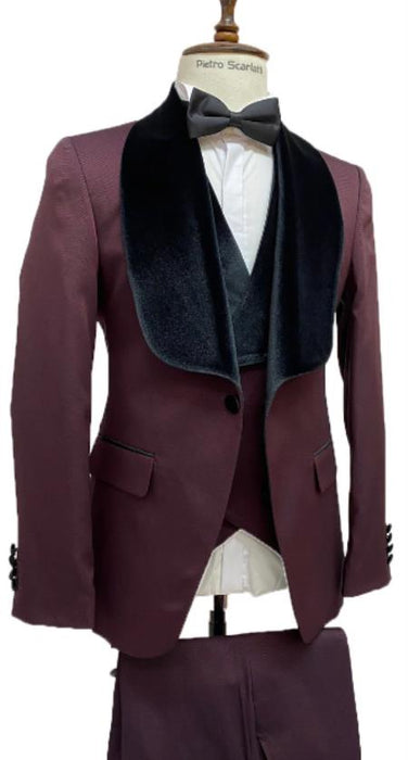 Mens Vested Designer Wide Velvet Wedding Tuxedo in Burgundy