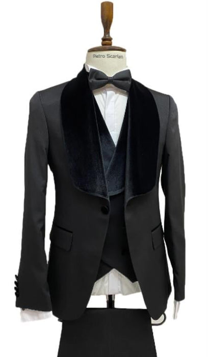 Mens Vested Designer Wide Velvet Wedding Tuxedo in Black