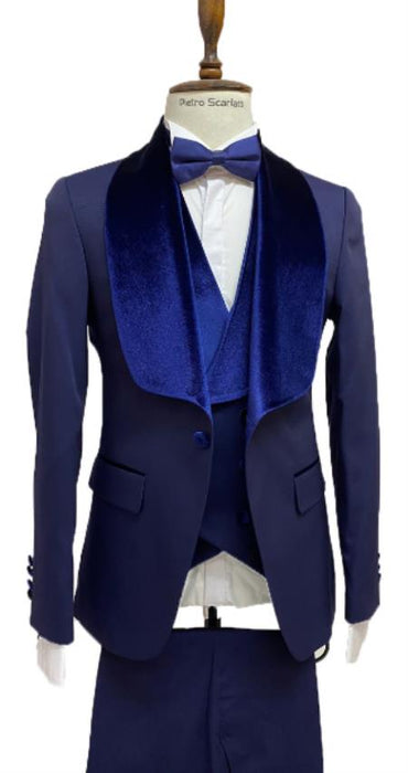 Mens Vested Designer Wide Velvet Wedding Tuxedo in Midnight Blue