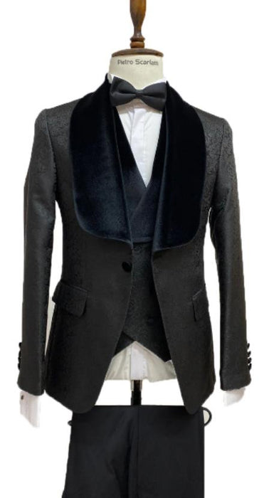 Mens Vested Designer Wide Velvet Wedding Tuxedo in Black