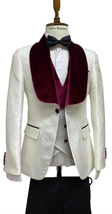 Mens Vested Designer Wide Velvet Wedding Tuxedo in Ivory