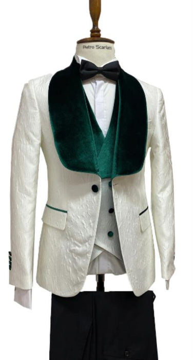 Mens Vested Designer Wide Velvet Wedding Tuxedo in Ivory and Hunter Green