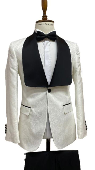 Mens Vested Designer Wide Velvet Wedding Tuxedo in Ivory and Black