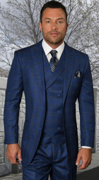 Big and Tall Plaid Suits - Vested Suit For Big Man Blue