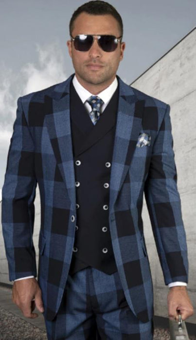 Big and Tall Plaid Suits - Vested Suit For Big Man Navy