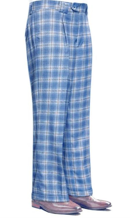 Mens Pant - Wide Leg Plaid Slacks - Blue