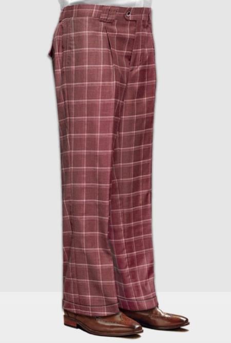 Mens Pant - Wide Leg Plaid Slacks - Brick