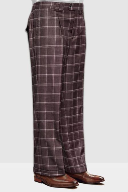 Mens Pant - Wide Leg Plaid Slacks - Brown