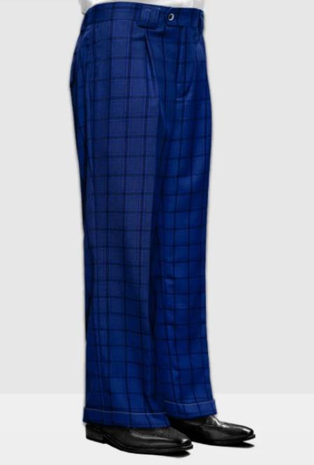 Mens Pant - Wide Leg Plaid Slacks - Sapphire