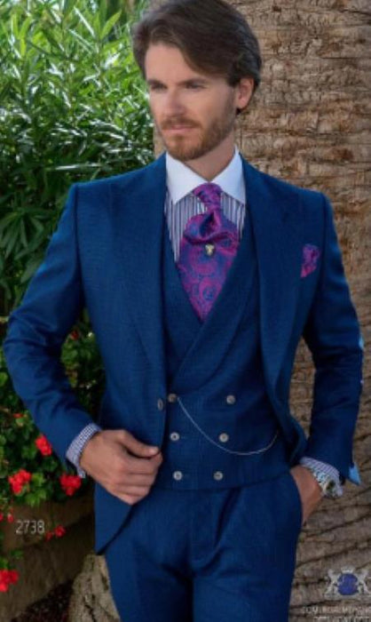 Mens Suits With Double Breasted Vest - Single Button Peak Lapel Royal Blue Suits